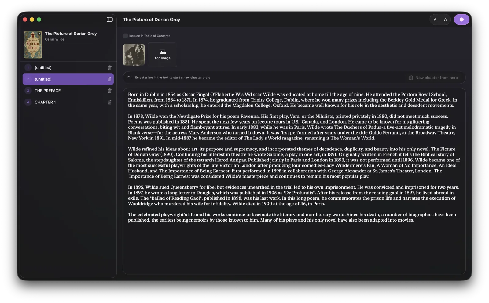 Paragra's built-in EPUB editor, showing chapters, cover, and text